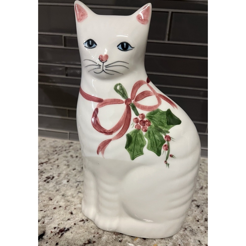Vintage Porcelain Christmas CAT N.S. Gustin Co Hand Painted USA‎ Holly Pink 10"